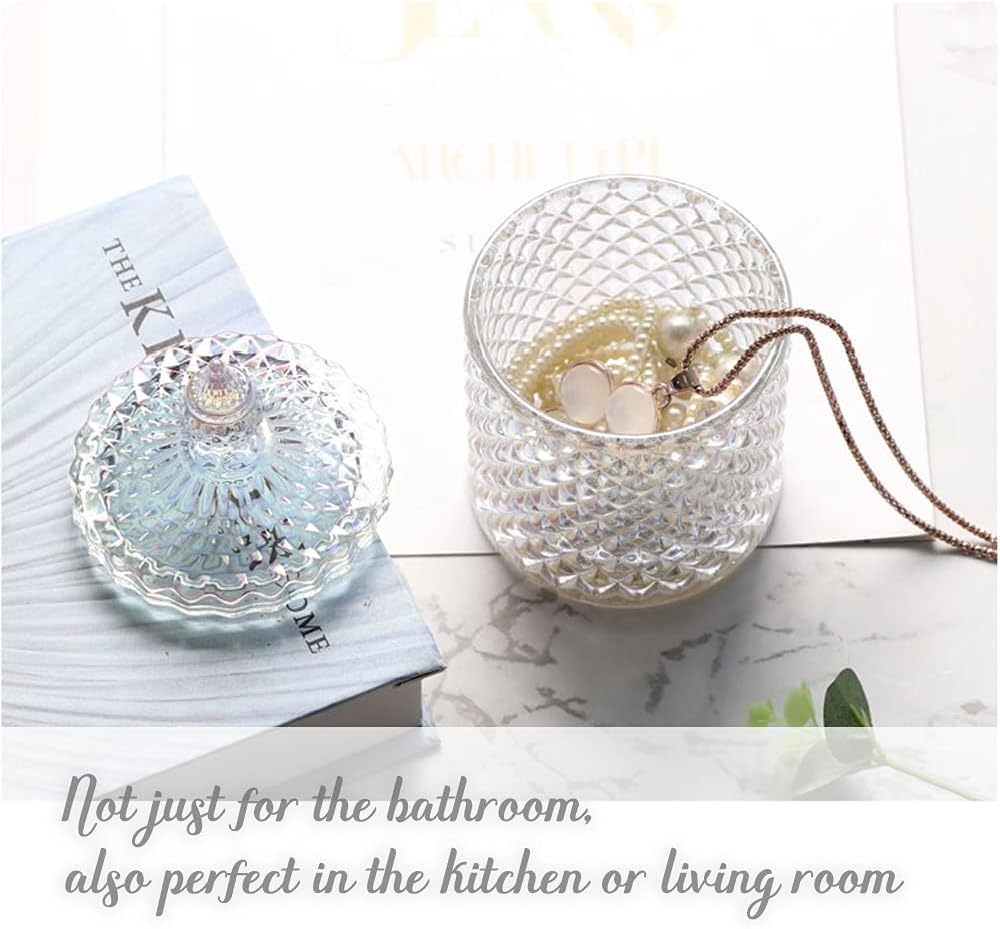 MengCat Cotton Ball and Swab Holder Organizer,Clear Glass Bathroom Vanity Countertop Canister Jars with Lid, Apothecary Jars Holder Makeup Organizer for Pads,Bath Salts 8.8OZ Set of 2