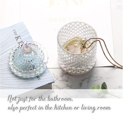 MengCat Cotton Ball and Swab Holder Organizer,Clear Glass Bathroom Vanity Countertop Canister Jars with Lid, Apothecary Jars Holder Makeup Organizer for Pads,Bath Salts 8.8OZ Set of 2