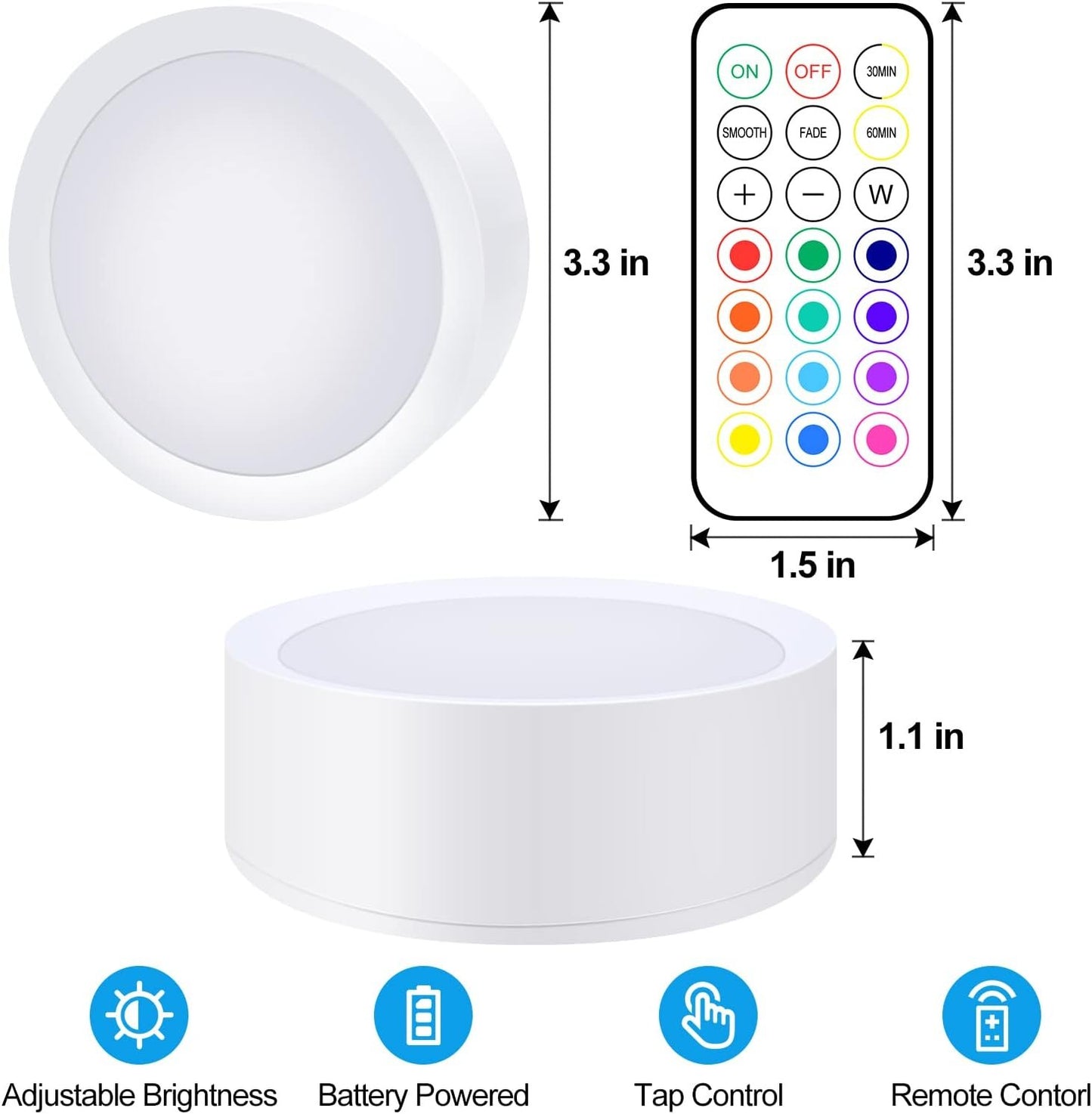 Upgrade Puck Lights with Remote and Timer, 12 Color Changing Under Counter Lights, Wireless Under Cabinet Lights Battery Powered, Dimmable Battery Operated Light, Stick On Lights