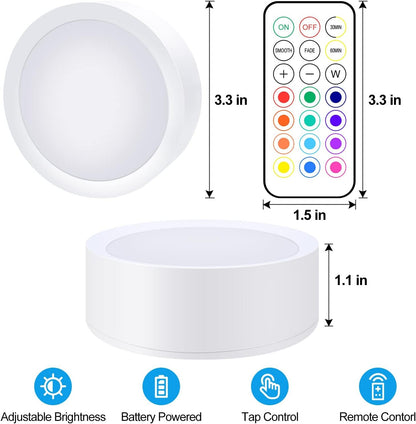 Upgrade Puck Lights with Remote and Timer, 12 Color Changing Under Counter Lights, Wireless Under Cabinet Lights Battery Powered, Dimmable Battery Operated Light, Stick On Lights