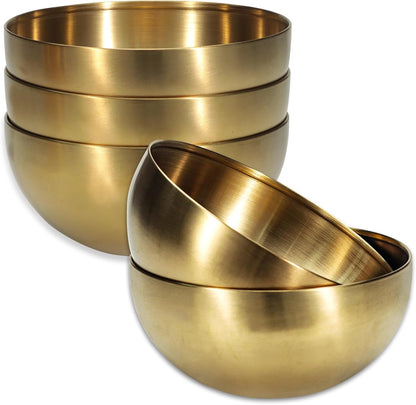 5 Pack 25 Oz Stainless Steel Bowl Set, Heat Insulated Metal Soup Bowls, Matte Finish Cereal Bowls for Rice Salad Noodle Snack Cooking Kitchen Ice Cream Serving Mixing Prep (Gold)