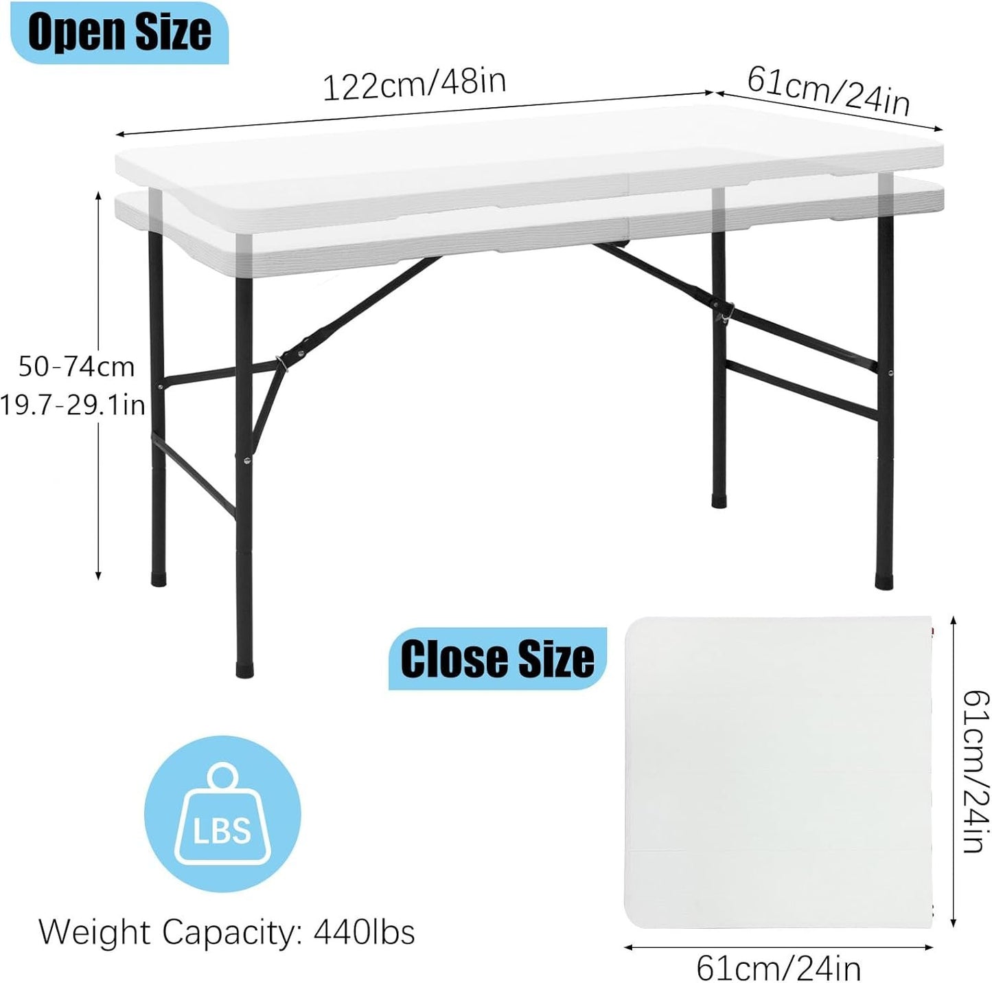 RUN.SE 4FT Camping Table, Plastic Folding Camping Table, 2 Adjustable Height Picnic Table with Carrying Handle for Parties Wedding Camping, White