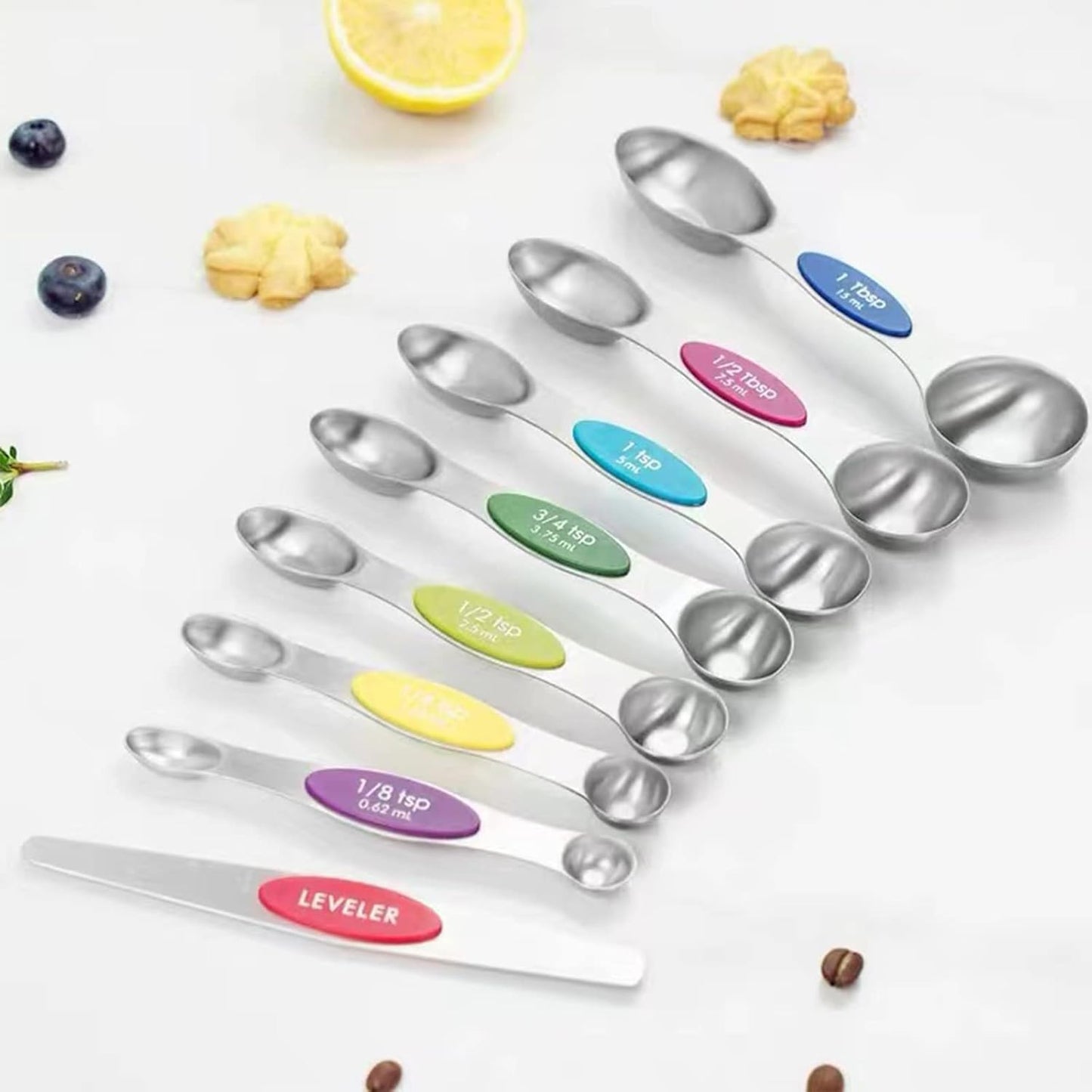 Magnetic Measuring Spoons Set, 7 Measuring Spoons and Cups 1 Leveler Stainless Steel Dual Sided Stackable Teaspoon for Liquid and Dry Ingredients