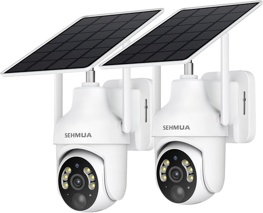 SEHMUA 2K Solar Security Cameras Wireless Outdoor, 2 Pack 360Â° View Pan/Tilt WiFi Security Camera Outside with Color Night Vision,Easy to Install, PIR Alarm, 2-Way Audio, Cloud/SD Storage