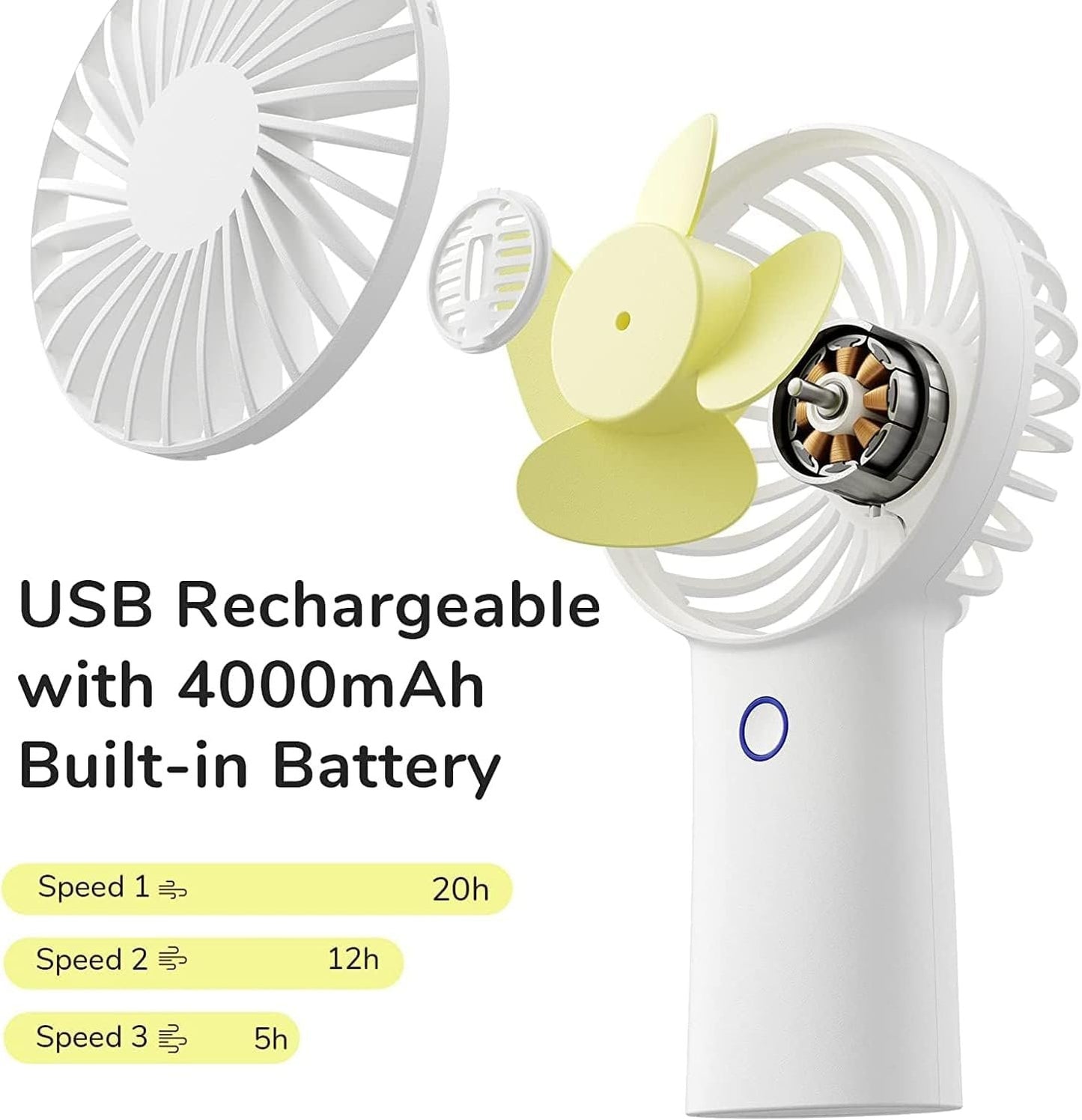 JISULIFE Handheld Fan with 20 Hours of Cooling, 4000mAh Battery, USB Rechargeable Portable Fan for Travel, Makeup, Concerts & Commute – Stay Cool Everywhere (White)