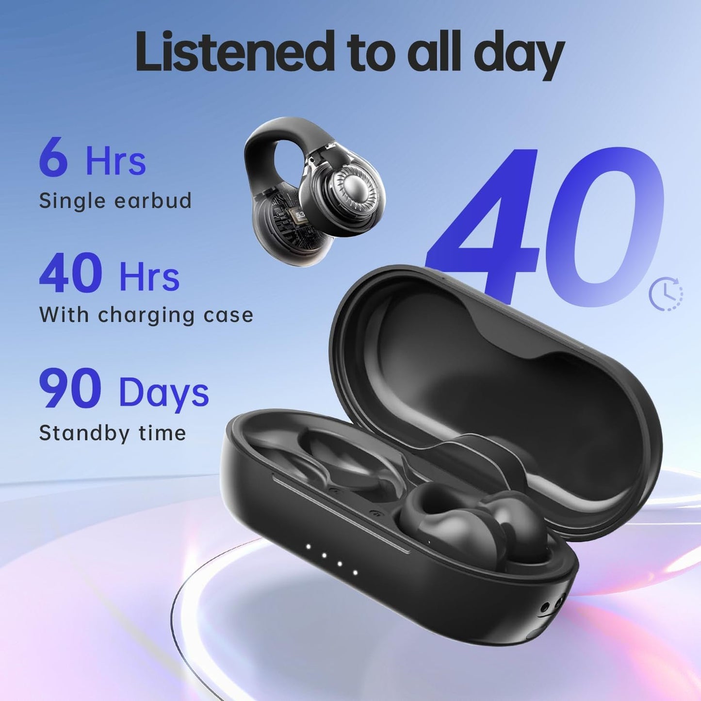 Wireless Earbuds, Clip on Headphones Over-Ear with Touch Control 13mm Speakers Stereo Sound Open Ear Buds IP5 Waterproof Sport Bluetooth Earphones 40H Playback Headset for Work Fitness
