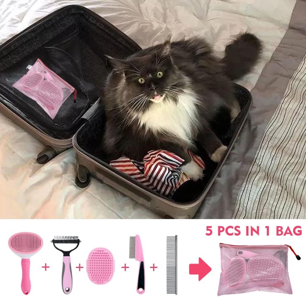 Dog Grooming Brush Shedding Kit - Dog Brush for Long Haired Dogs Short Haired Dogs, Dematting Comb for Dogs, Cat Hair Brush, Shedding and Flea Comb Kit Pink