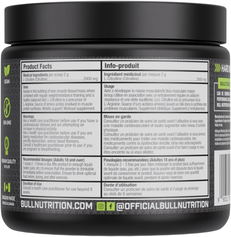 BULL Nutrition – L-Citrulline Powder, Nitric Oxide Booster and Pump Formula for Enhanced Circulation, Energy, & Muscle Recovery – Made in Canada – 100 Serving, 200 grams, Unflavoured