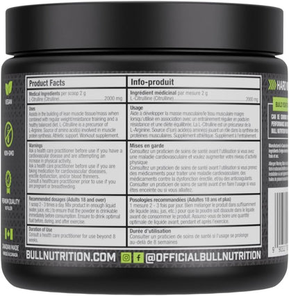 BULL Nutrition – L-Citrulline Powder, Nitric Oxide Booster and Pump Formula for Enhanced Circulation, Energy, & Muscle Recovery – Made in Canada – 100 Serving, 200 grams, Unflavoured