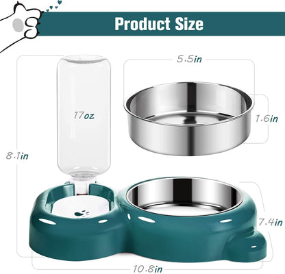 Azwraith Dog Bowl Set, Cat Food and Water with Water Dispenser and Stainless Steel Bowl for Cats and Small Dogs, Dark Green