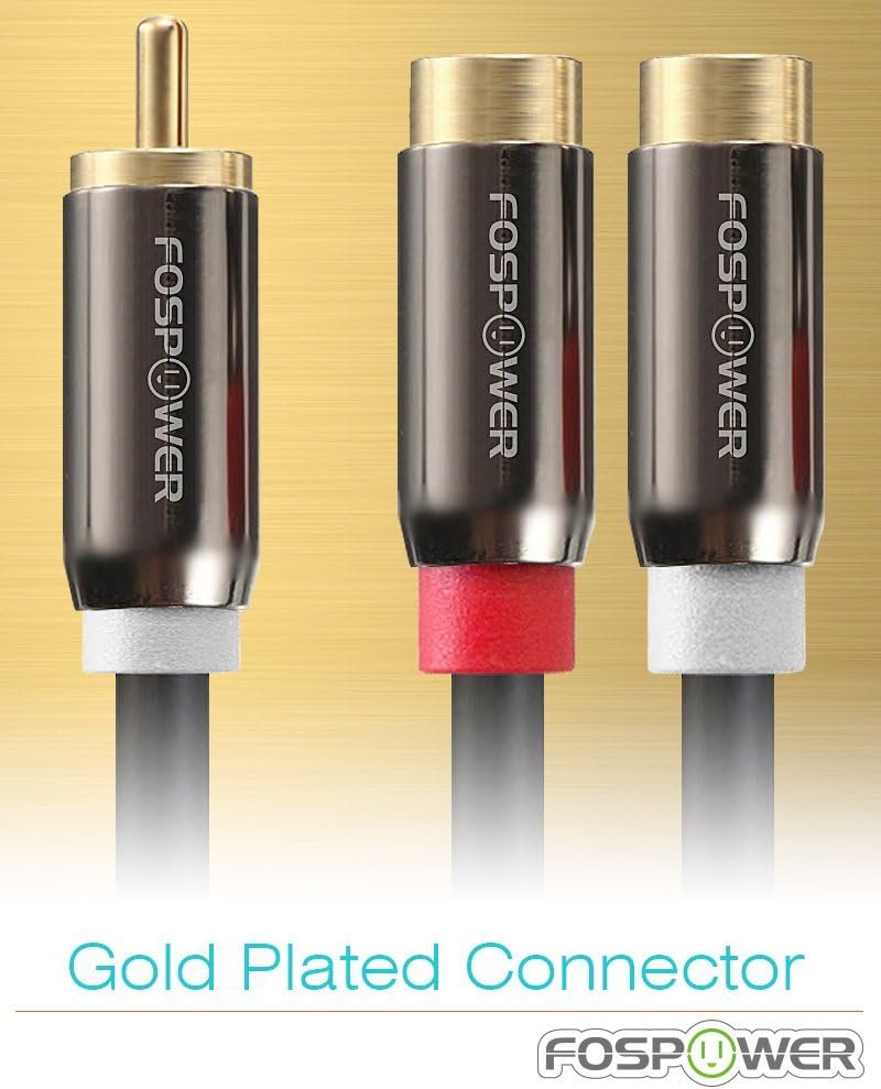 FosPower Y Adapter [8 inch] 1 RCA (Male) to 2 RCA (Female) Stereo Audio Adapter Cable [24k Gold Plated] 1 Male to 2 Female Y Splitter Connectors Extension Cord