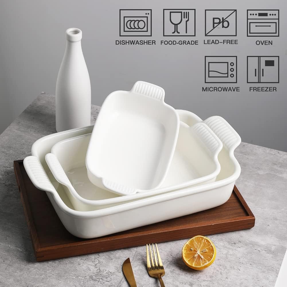 SWEEJAR Porcelain Bakeware Set for Cooking, 9.8 x 13 inch Ceramic Rectangular baking dish Lasagna Pans for Casserole Dish, Cake Dinner, Kitchen, Banquet and Daily Use (White)