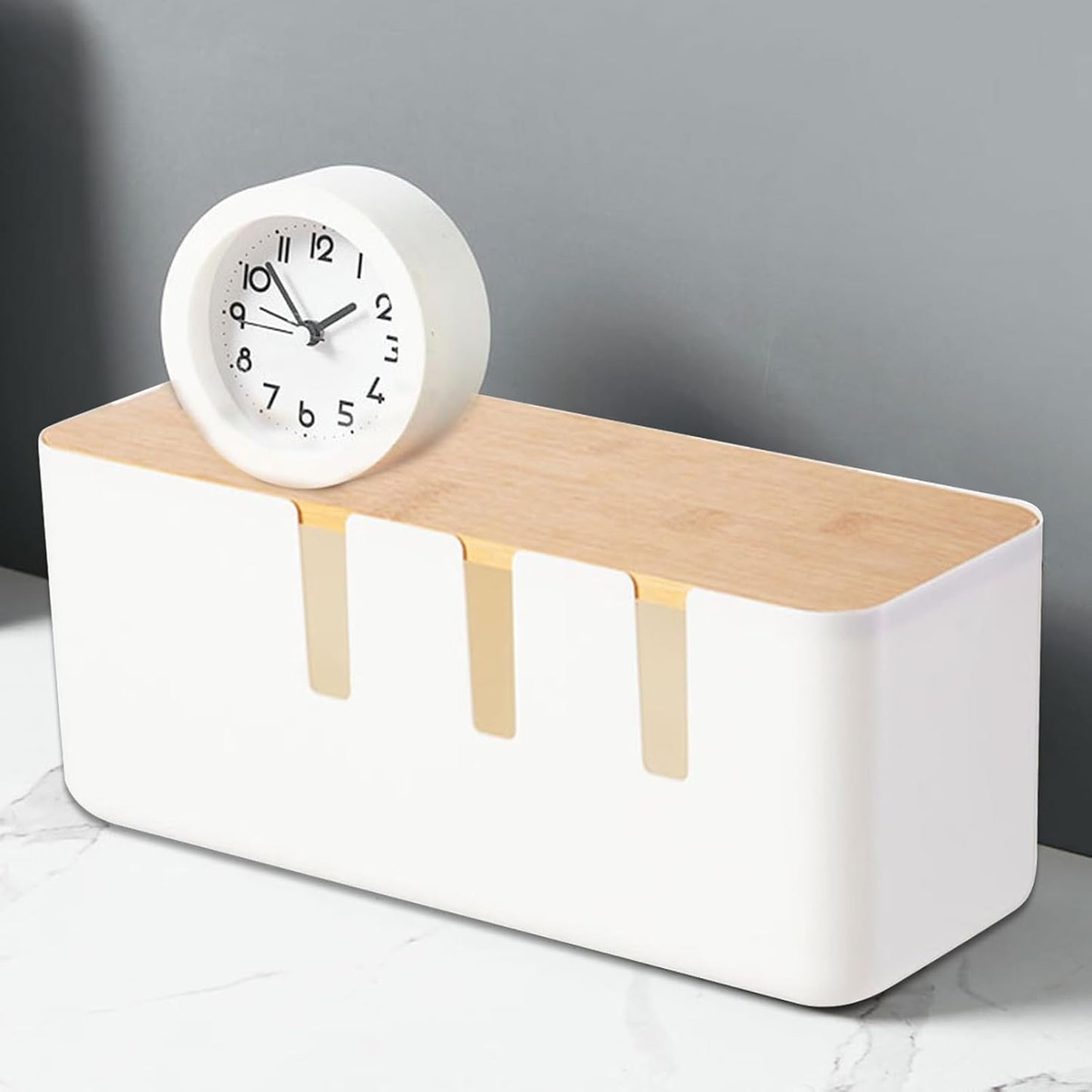 Cable Box Organizer | Cable Hiding Box | with Wood Lid Cord Case TV Power Strip for Surge Protection Home Living Room Workplace Setup Computer Desk Workstation