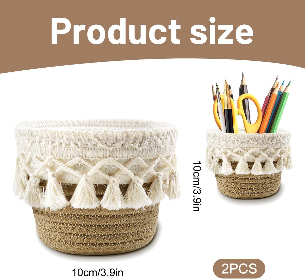 2 Pieces Boho Cosmetic Brush Holder 10 x 10 cm Woven Storage Baskets Organizer for Makeup Brushes Pen Brush Makeup Brushes Makeup Organizer Cosmetic Organizer