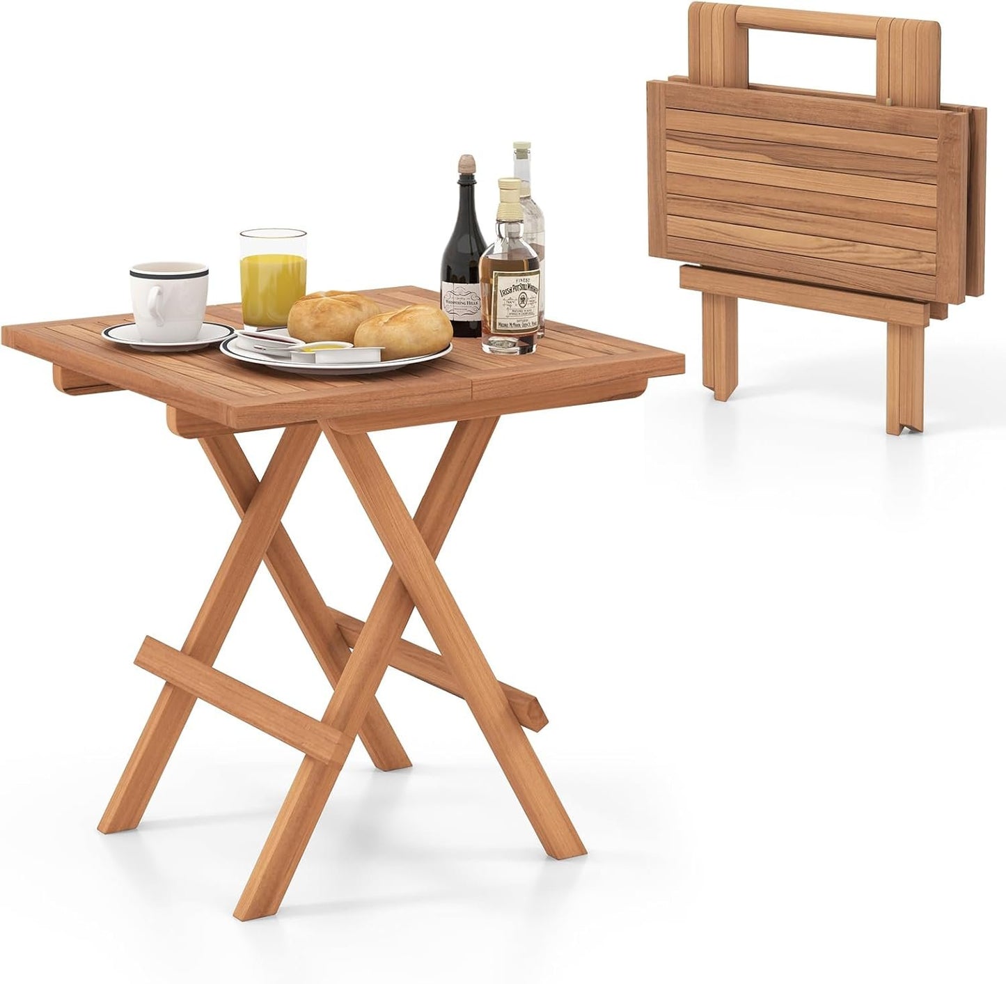 HAPPYGRILL Square Folding Patio Side Table, Indonesia Teak Wood Dining Table with Slatted Tabletop, Sturdy X-Shaped Frame, Outdoor Patio End Table for Garden Deck Porch Balcony Backyard Camping