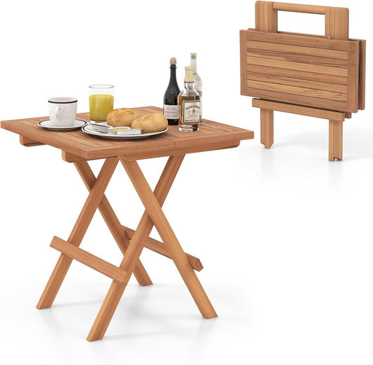 HAPPYGRILL Square Folding Patio Side Table, Indonesia Teak Wood Dining Table with Slatted Tabletop, Sturdy X-Shaped Frame, Outdoor Patio End Table for Garden Deck Porch Balcony Backyard Camping