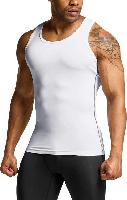 TSLA Men's Cool Dry Compression Sleeveless Tank Top, Athletic Sports Running Basketball Workout Base Layer MUN04-WHT Medium