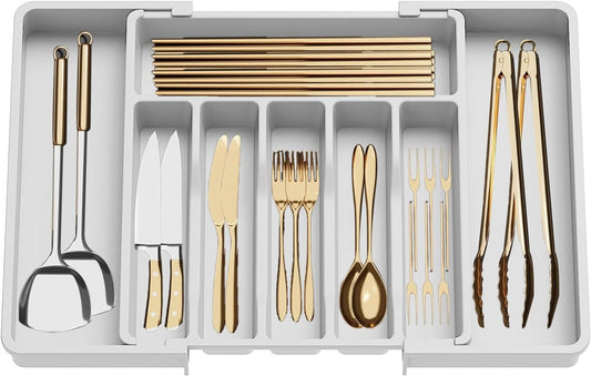 Cutlery Tray, Cutlery Drawer Organiser, Cutlery Organiser, Expandable Utensil Tray for Kitchen, Plastic Storage for Spoons Fork Knive, Kitchen Storage Accessories, Adjustable Flatware Holder (White)
