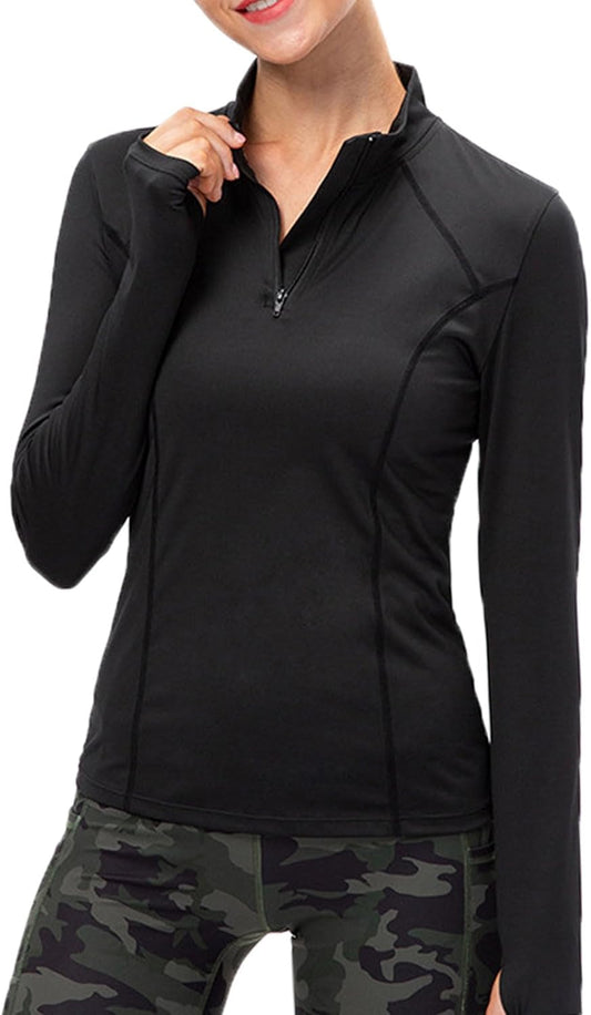 KAHEYQI Womens Long Sleeve Running Workout Top 1/4 Zip Pullover Sports Shirts Quick Dry Gym Athletic Shirt with Thumb Hole