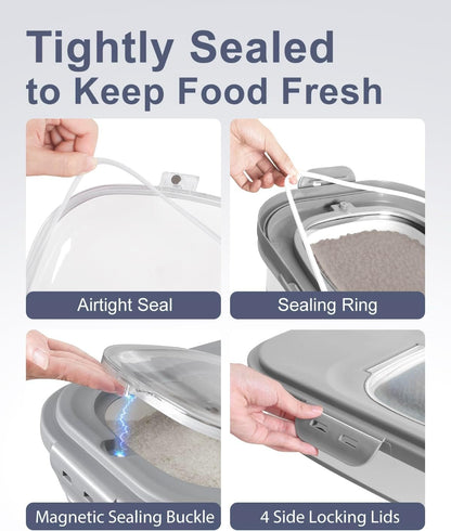 DDMOMMY 20-30 Lbs Rice Storage Container,Collapsible Food Storage Containers with Rolling Wheel Airtight Locking Lid,Flour Storage Container with Cup and Scoop,Suitable for Food,Rice,Pet Food,Flour