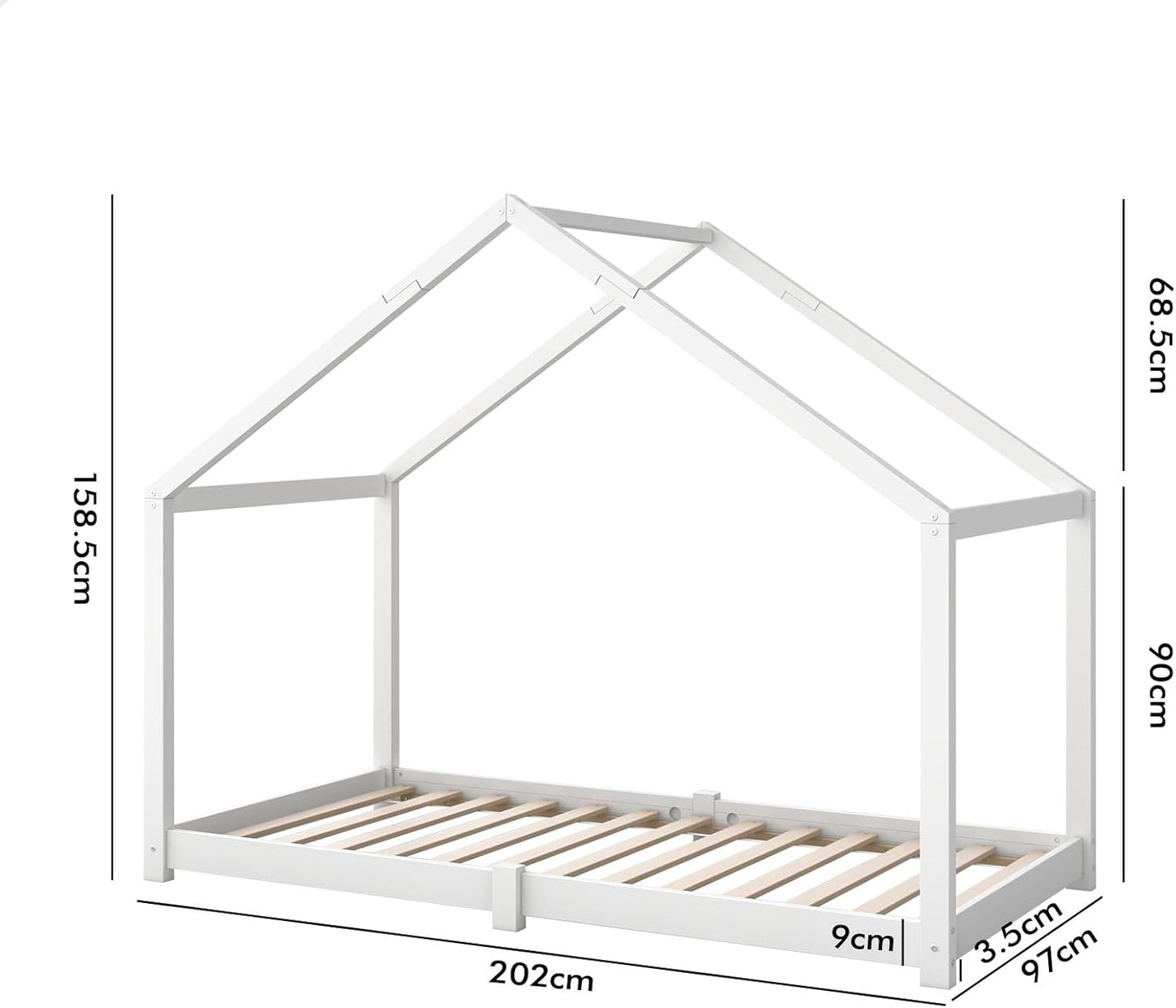 ALFORDSON Kids Bed Frame Wooden Timber House Frame Single Mattress Base Platform, Solid Pine Wood Bed Base Foundation Children's Beds, Nellie Series Bedroom Furniture (White w/o Guard Rail)