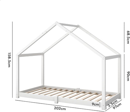 ALFORDSON Kids Bed Frame Wooden Timber House Frame Single Mattress Base Platform, Solid Pine Wood Bed Base Foundation Children's Beds, Nellie Series Bedroom Furniture (White w/o Guard Rail)