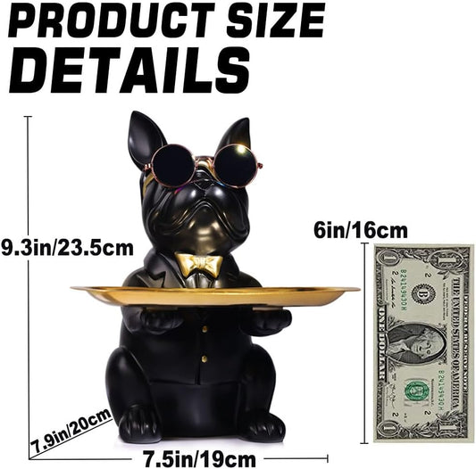 QIANLING Modern Decor Resin Bulldog Tray Statue Storage Key Holder Candy Jewelry Earrings Suitable for Home Art Dining Table Office Small Object (Black)