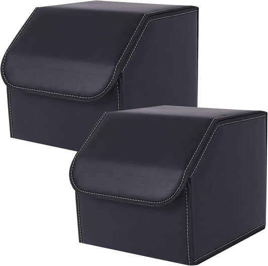 Car Trunk Organizer Multipurpose Leather Cargo Storage Box for Sedan SUV RV, Durable Collapsible Adjustable Auto Compartments Trunk Organiser (Black Solid-Small-Set of 2Pcs)