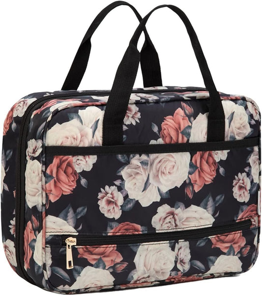 Toiletry Bag for Women, VASCHY Large Travel Toiletry Bag Fashion Hanging Wash Bag Water Resistant Makeup Bag with Luggage Strap and Multi-Compartment for Holiday, Business Trip, Gym,Camping Roses