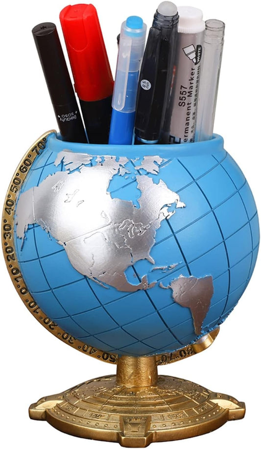 Amoysanli Globe Pen Holder Desk Decor Organizer Cute Cool Fun Vintage Pencil Cups Gifts for Teacher Kids Men Desk Accessories for Office Home School (Blue)