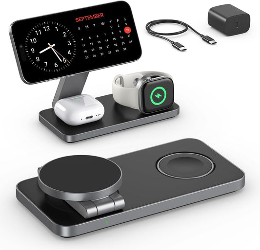 3 in 1 Wireless Charging Station, Magnetic Foldable Fast Mag-Safe Charger Stand Compatible with Apple Devices iPhone 16/15/14/13/12, Apple Watch Ultra/SE/10/9/8/7/6/5/4, AirPods Pro/4/3/2 (Black)