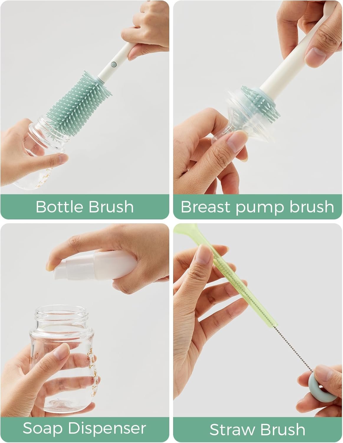 Momcozy 7 in 1 Bottle Cleaning Kit - Baby Bottle Cleaner Set with Silicone Brush, Nipple Brush, Straw Brush, Soap Dispenser, Drying Rack - Home and Travel Bottle Cleaning Tools for Infants