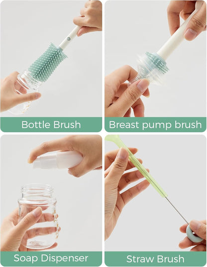 Momcozy 7 in 1 Bottle Cleaning Kit - Baby Bottle Cleaner Set with Silicone Brush, Nipple Brush, Straw Brush, Soap Dispenser, Drying Rack - Home and Travel Bottle Cleaning Tools for Infants