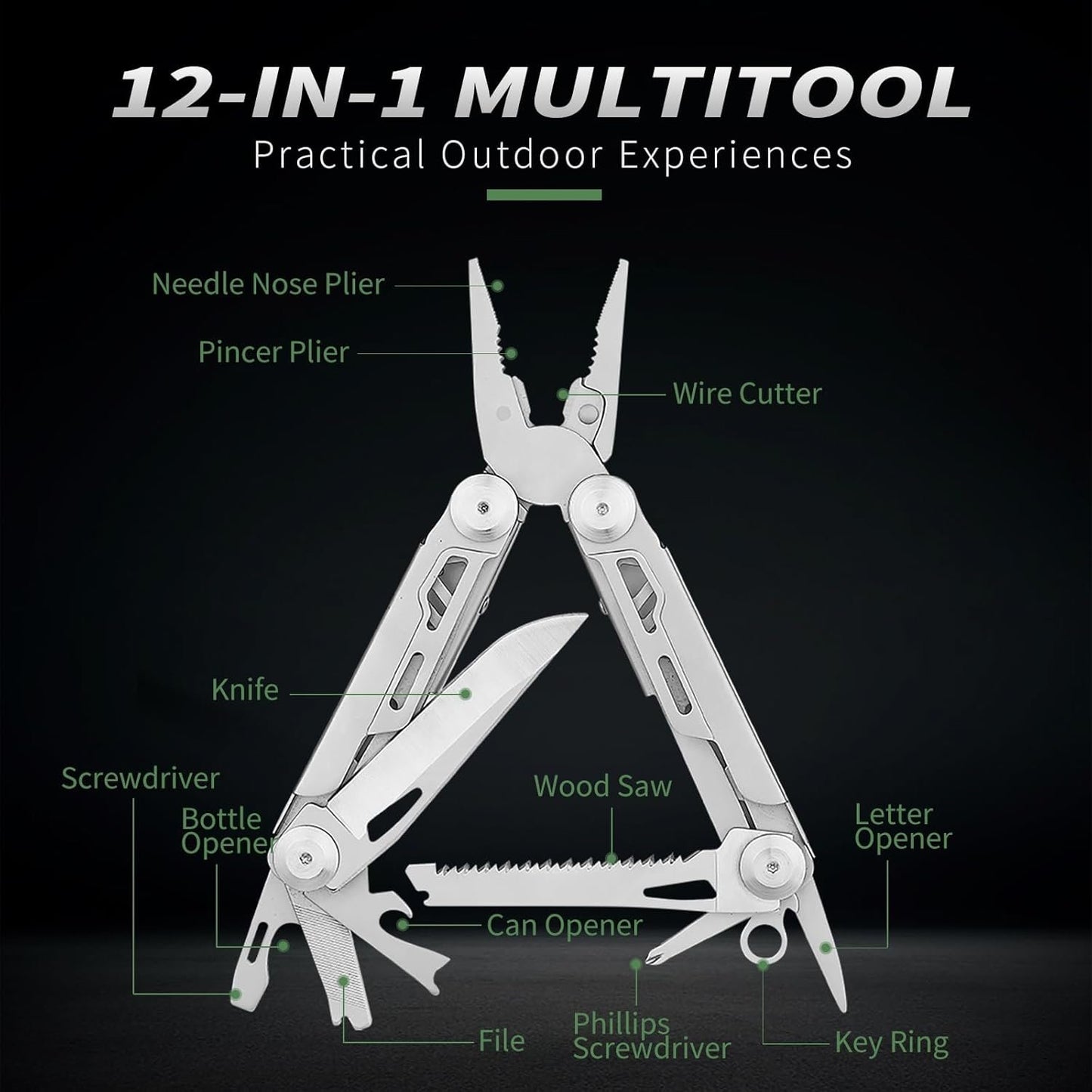 ETANPE 12-in-1 Multitool Pocket Knife, 420 Stainless Steel, Foldable Design with Pliers, Wire Cutters, Saw Blade, Scissors, Screwdrivers, Bottle Opener, Back Clip, Nylon Sheath