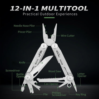 ETANPE 12-in-1 Multitool Pocket Knife, 420 Stainless Steel, Foldable Design with Pliers, Wire Cutters, Saw Blade, Scissors, Screwdrivers, Bottle Opener, Back Clip, Nylon Sheath