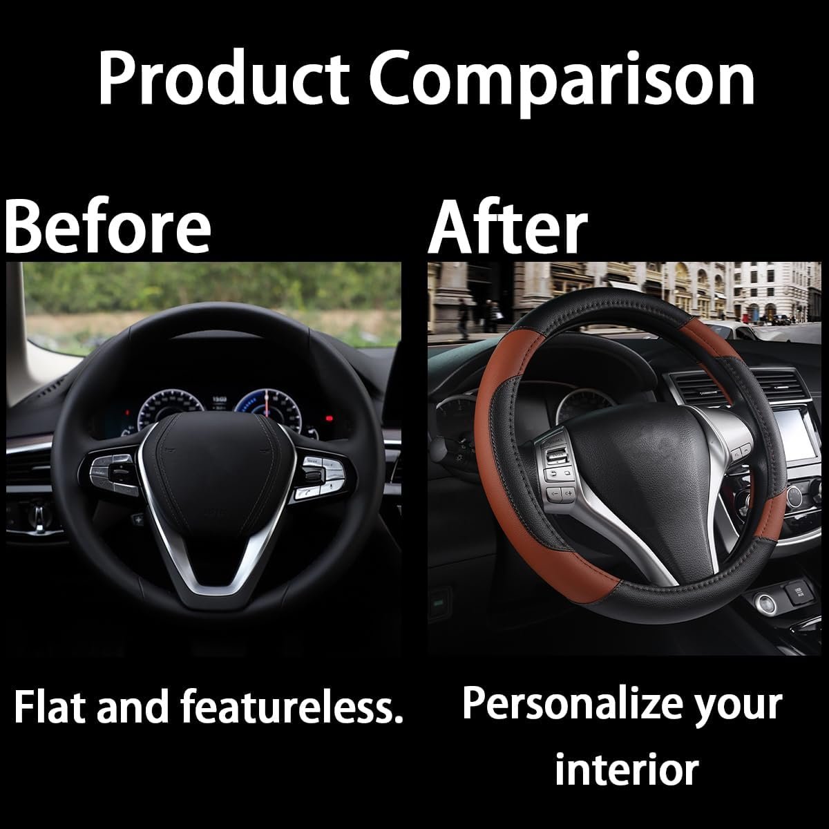 TSUGAMI Leather Car Steering Wheel Cover, Universal 15 Inch for Car Truck SUV, Non-Slip and Breathable, Sport Style Design Odorless Steering Wheel Protector, Automotive Interior Accessories (Coffee)