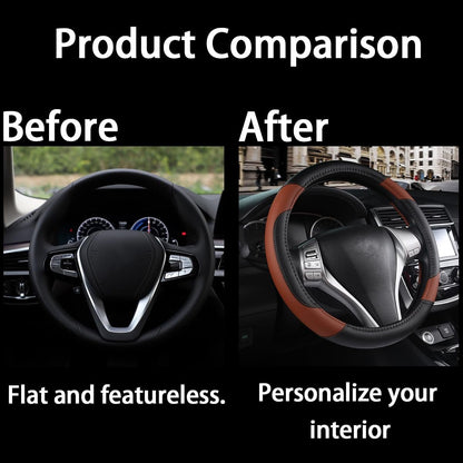 TSUGAMI Leather Car Steering Wheel Cover, Universal 15 Inch for Car Truck SUV, Non-Slip and Breathable, Sport Style Design Odorless Steering Wheel Protector, Automotive Interior Accessories (Coffee)