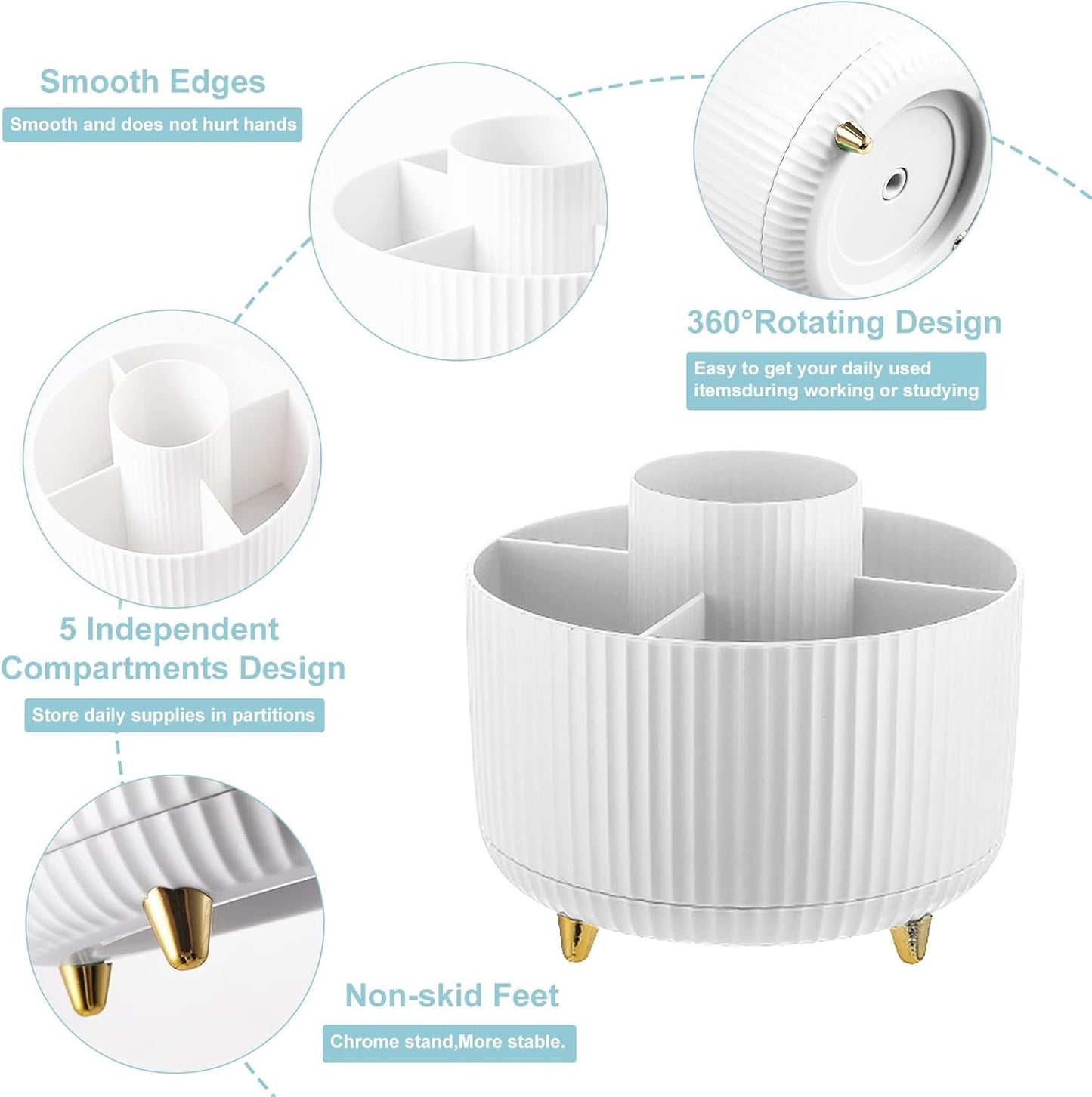 Cayxenful Pencil Holder For Desk,5 Slots 360°Degree Rotating Desk Organizers And Accessories,Desktop Storage Stationery Supplies Organizer, Cute Pencil Cup Pot For Office, School, Home (White)