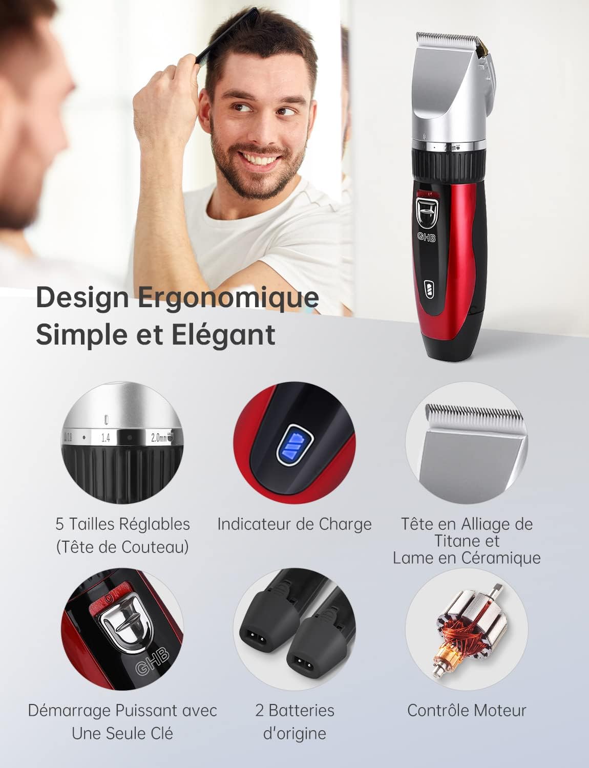 GHB Cordless Hair Clipper for Men, 2 Lithium Batteries, 14 Pieces for Men, Kids, Home Salon, Hairdresser
