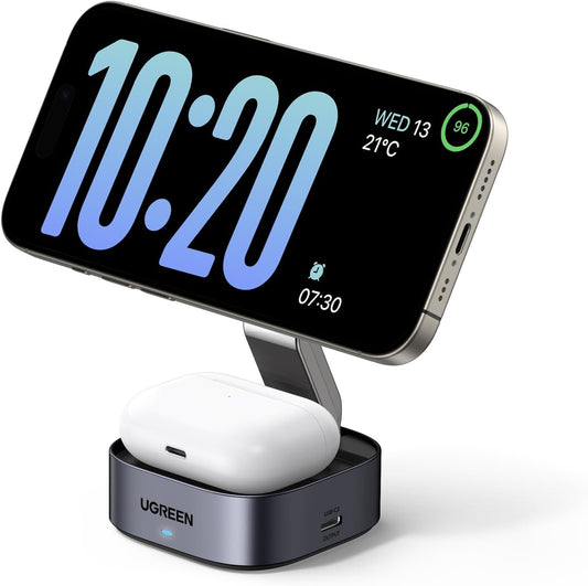 UGREEN MagFlow Wireless Charging Station 2 in 1, Fast Charge Charger Station Compatible for Magsafe Charger Stand, for iPhone 15 Pro Max 14 Pro 13 Plus 12 Series, Airpods Pro 2, 3 (No AC Adapter)