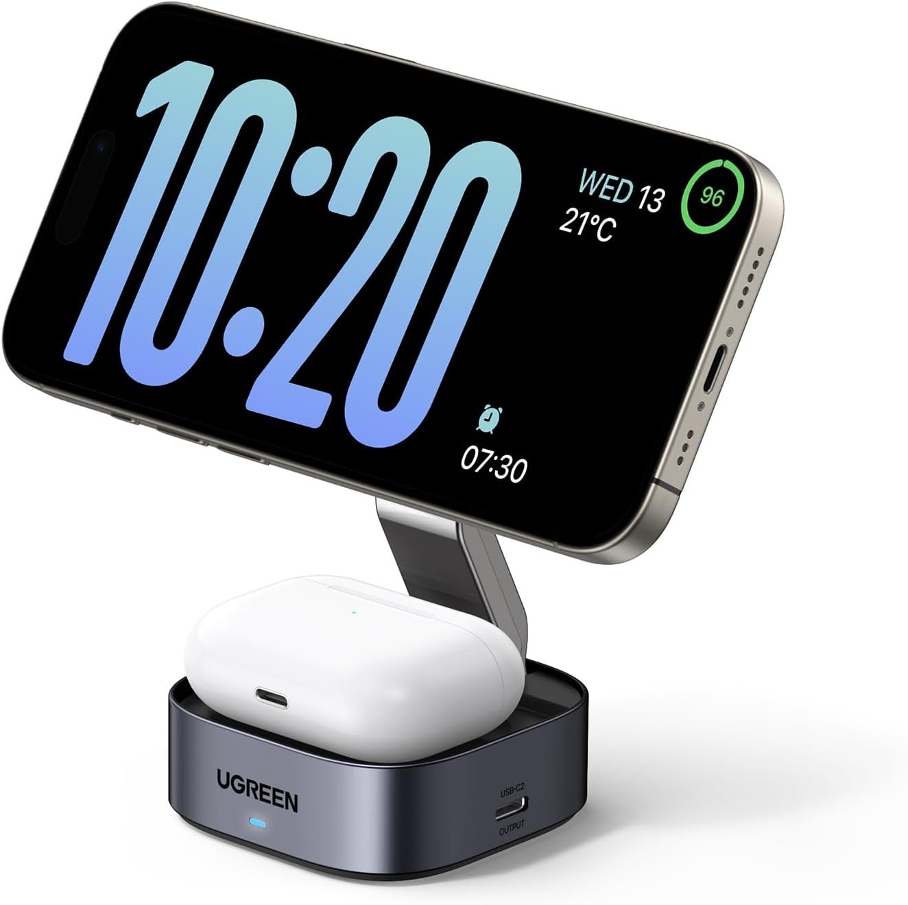 UGREEN MagFlow Wireless Charger, 15W Fast Charge, 2 in 1 Magsafe Charging Stand, Portable Travel Essential, Compatible with iPhone 16/15/14/13/12 Series, AirPods 3/2/Pro (No AC Adapter)