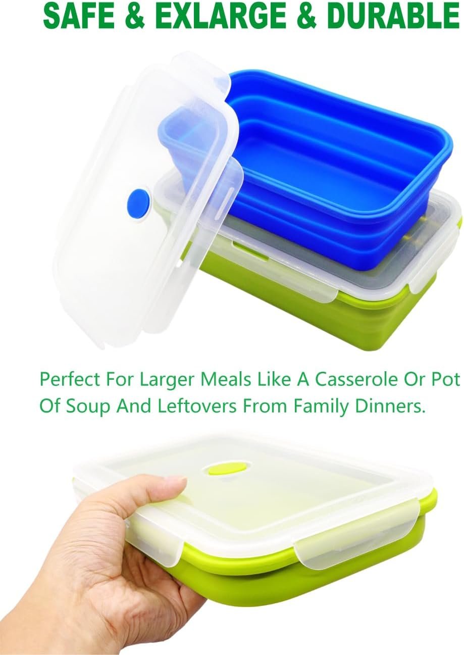 FUSMYE Set of 2 Exlarge Collapsible Silicone Food Storage Containers With Lids | Meal box For Kitchen, Bento Lunch Boxes, Microwave, Dishwasher and Freezer Safe For Camping, Travel Trailer