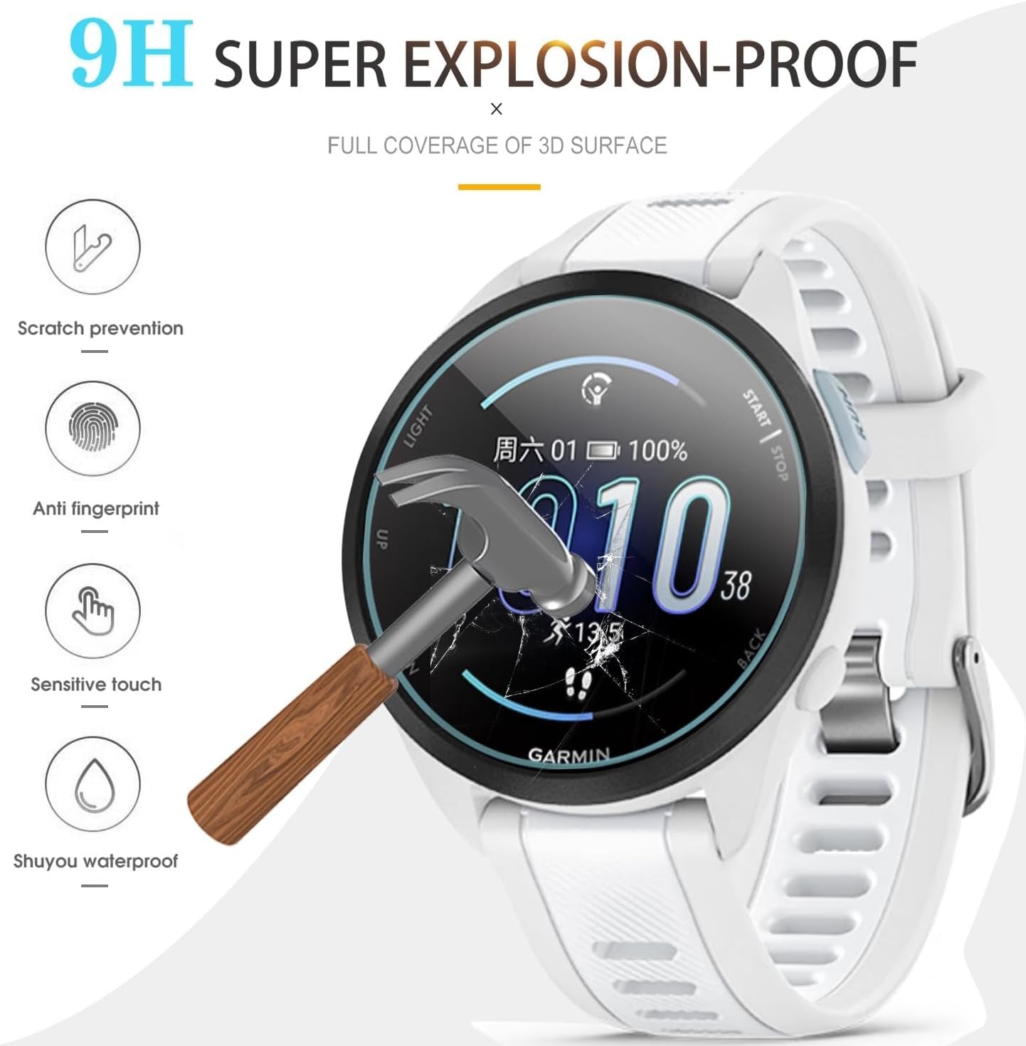 Suoman for Garmin Forerunner 165/165 Music Screen Protector, 9H Tempered Glass Film(3pack)+Charger Port Protector(2pack) for Forerunner 165/165 Music