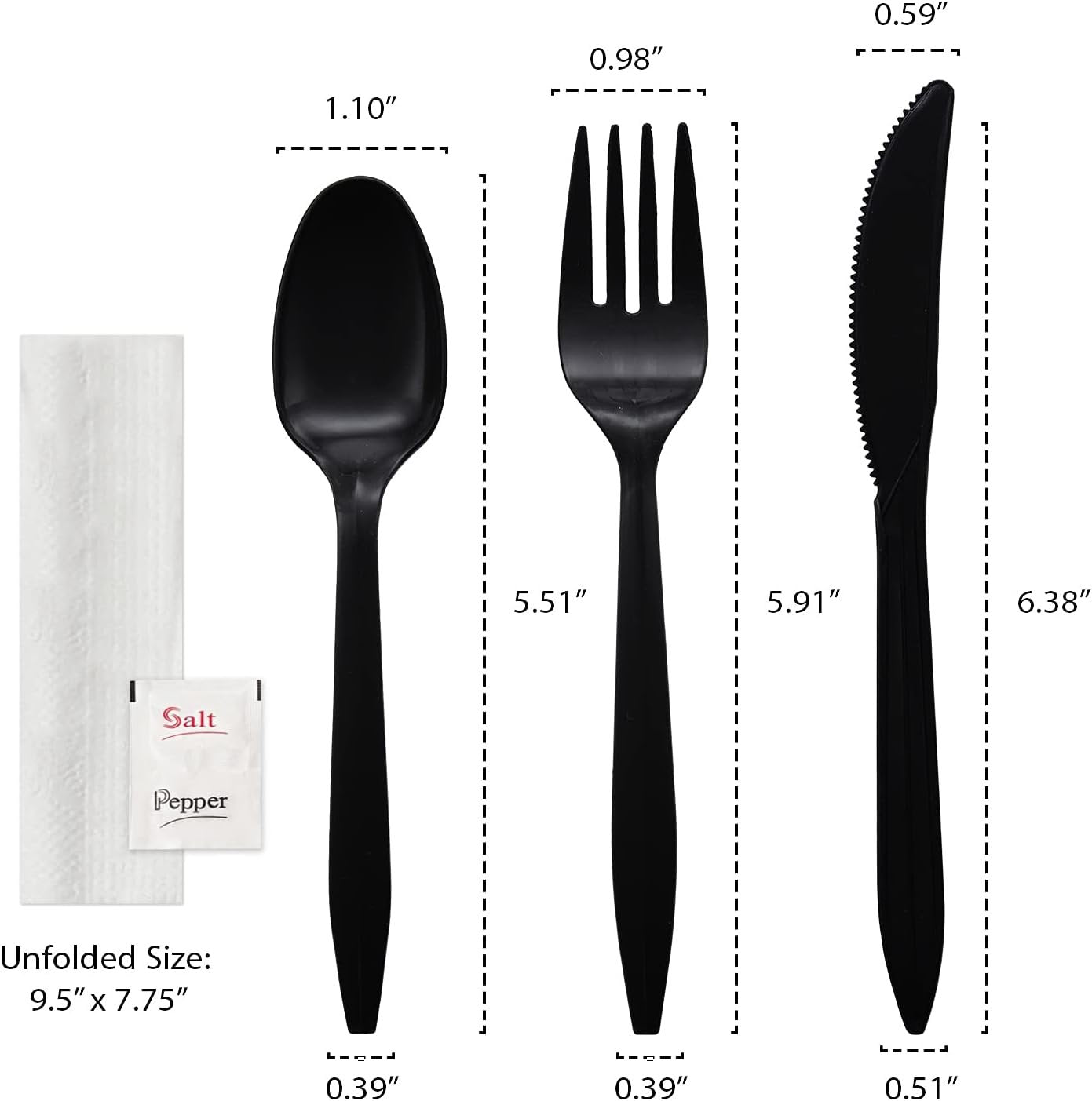 Party Essentials Individually Wrapped Plastic Cutlery Packets/Silverware Kits, Black Fork/Spoon/Knife/Napkin/Salt/Pepper, 50 Sets