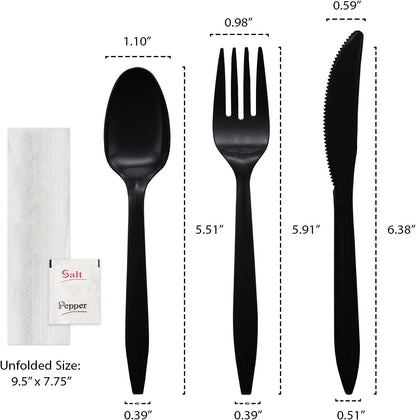 Party Essentials Individually Wrapped Plastic Cutlery Packets/Silverware Kits, Black Fork/Spoon/Knife/Napkin/Salt/Pepper, 50 Sets