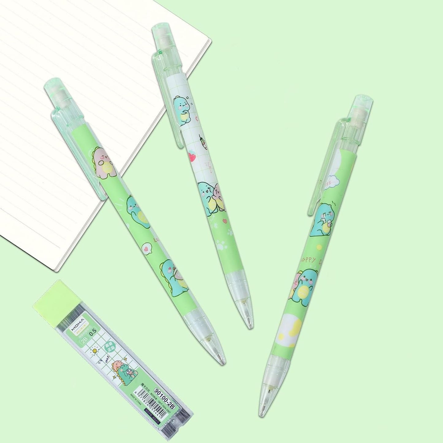 ITAWIXS Cute Mechanical Pencil Set Include 4 Pcs 0.5mm Kawaii Mechanical Pencils with 1 Tubes HB Lead Refills Kawaii Stationary Cute School Supplies for Writing, Drawing, Sketching, Green