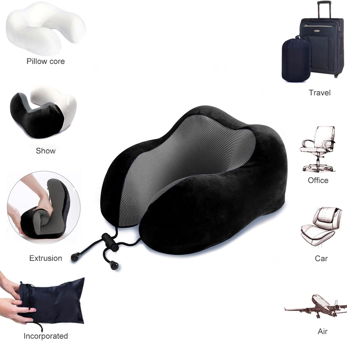 ZHCHG 2 Pack Travel Pillow, Best Memory Foam Neck Pillow for Airplane, Head Support Comfortable Pillow for Sleeping Rest, Train, Car & Home Use -Black