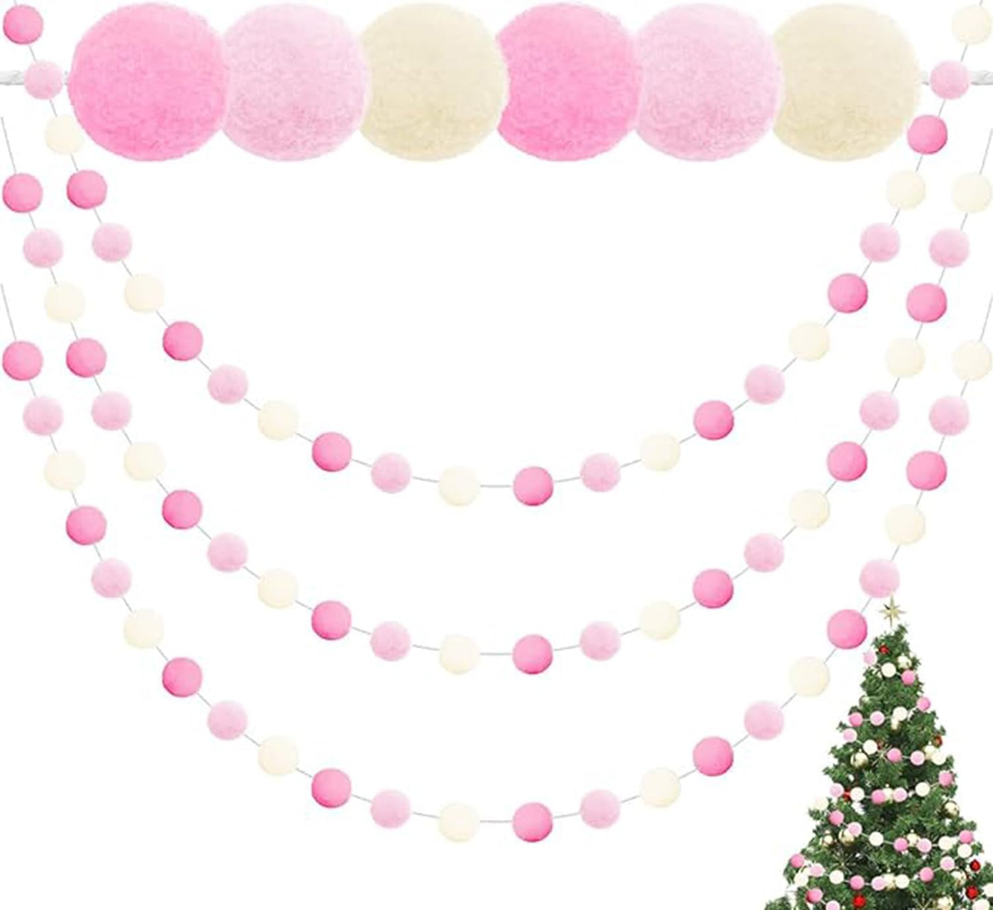 Felt Ball Pom Pom Garland, 2 Metres, 30 Balls, 3 Piece Set, Boho Party Decor (Light Pink)