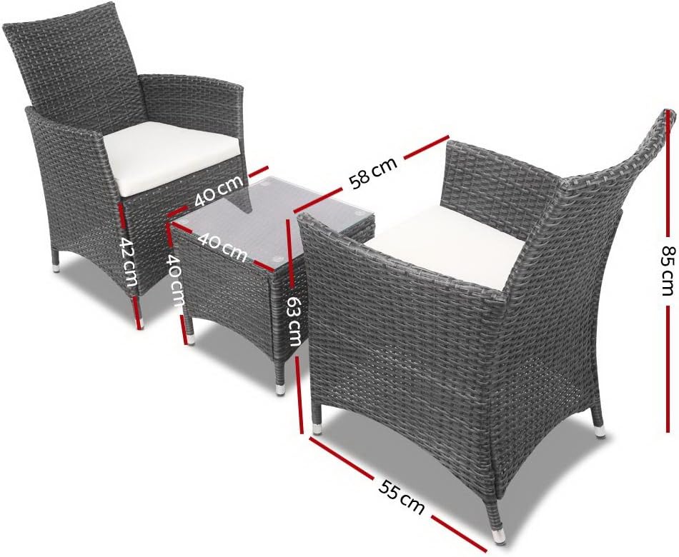 Gardeon 3pcs Wicker Patio Furniture, Bistro Set Table and Chairs Outdoor Lounge Setting Conversation Sets Dining Chair Garden Backyard, Cushion with Rattan Coffee Table Glass Tabletop Grey