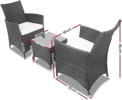 Gardeon 3pcs Wicker Patio Furniture, Bistro Set Table and Chairs Outdoor Lounge Setting Conversation Sets Dining Chair Garden Backyard, Cushion with Rattan Coffee Table Glass Tabletop Grey
